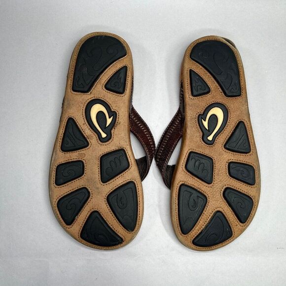 OluKia Men's Size 9 Hiapo Brown Leather Flip Flop Sandals - Picture 9 of 13